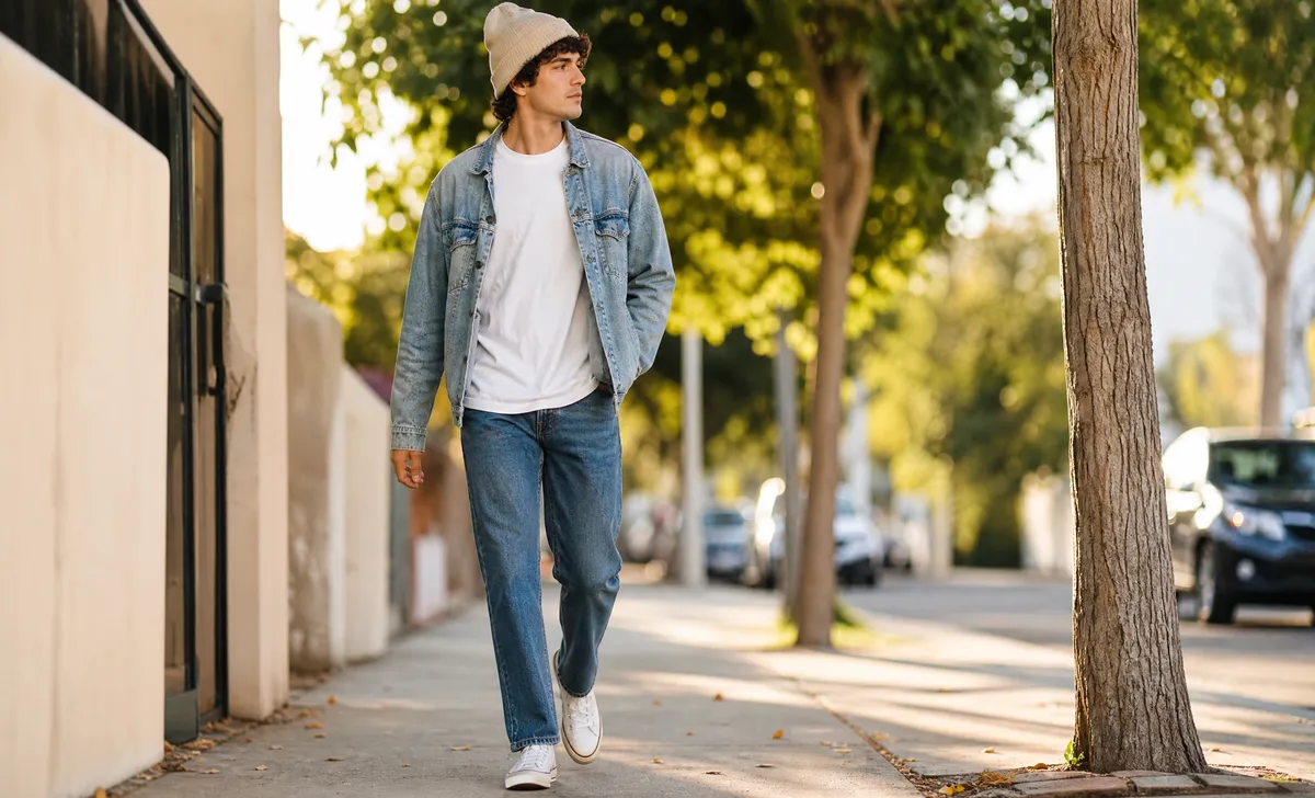casual spring outfit with beanie denim jacket and 70 degree weather styling