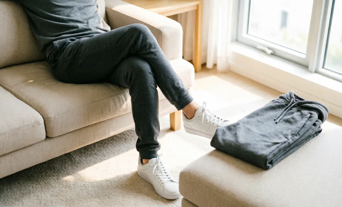 Person choosing between joggers and folded sweatpants for everyday lifestyle wear