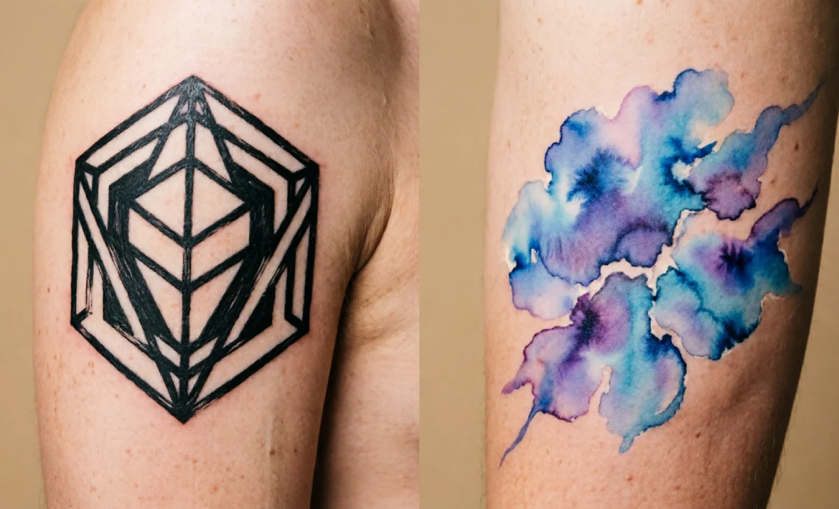 Side by side comparison of bold blackwork tattoo and soft watercolor tattoo styles