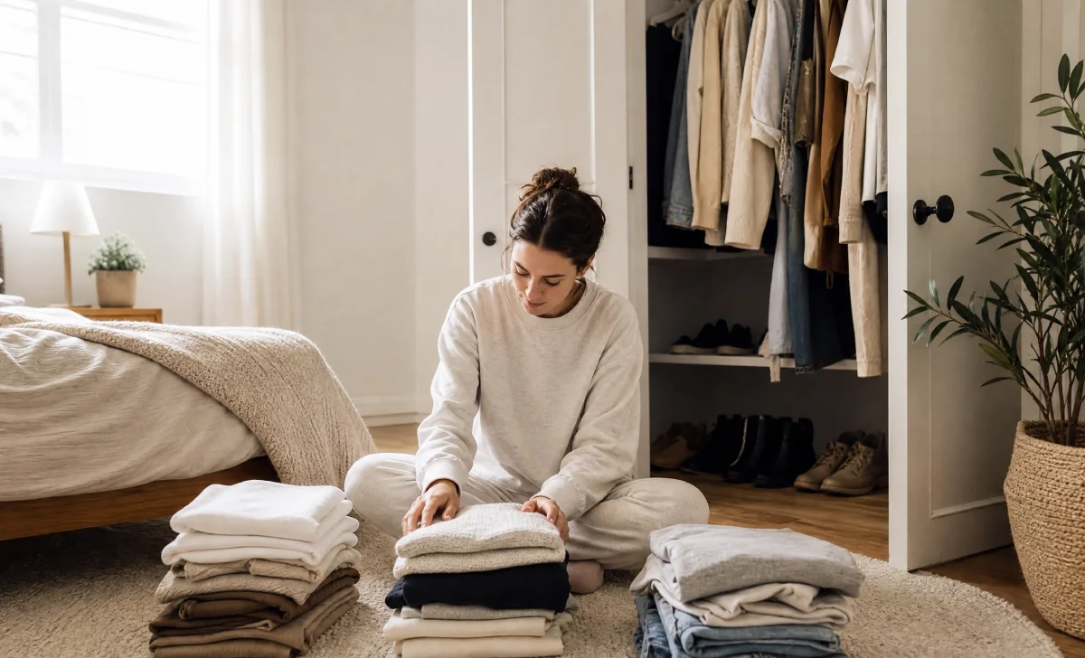 Person sorting clothes into piles during a closet audit to find personal style