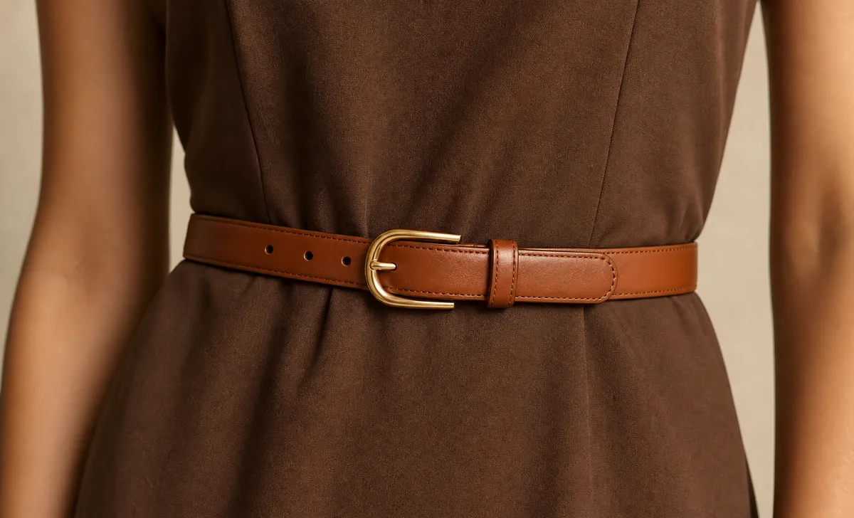 Slim cognac belt worn at the waist of a brown shift dress