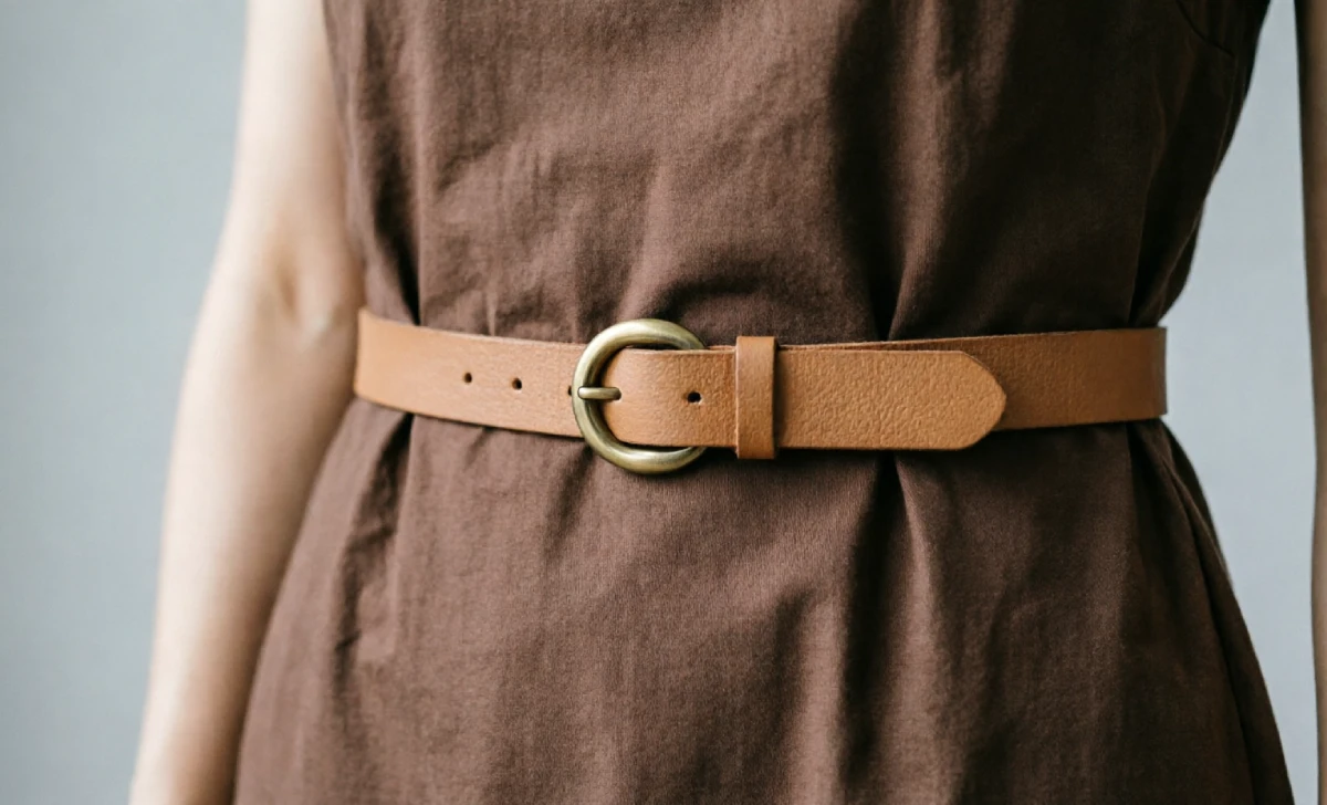 Cognac leather belt worn at the waist of a brown shift dress