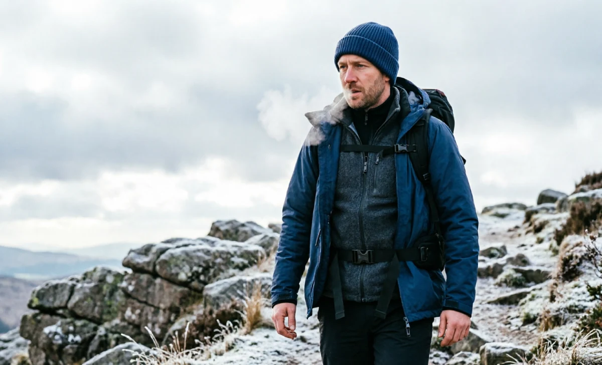Man wearing a cold weather hiking outfit with fleece and shell jacket on a mountain trail