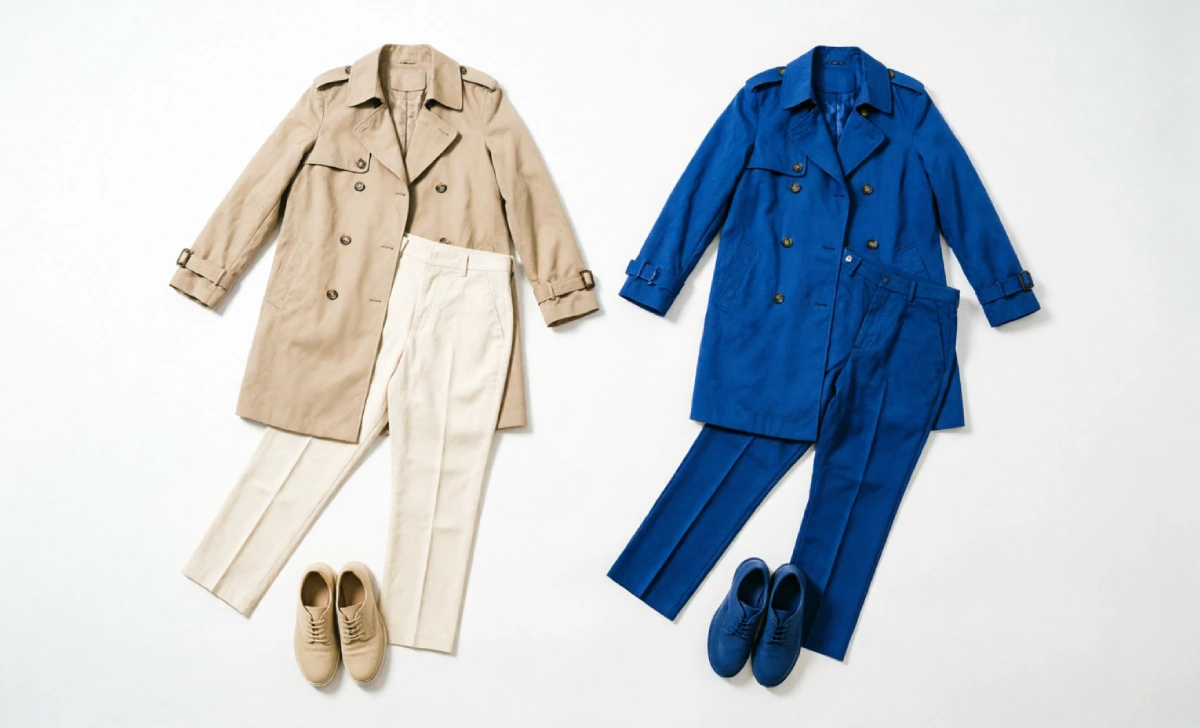 Same trench coat outfit shown in beige and cobalt blue to compare how color changes a clothing style