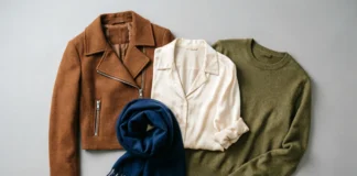 Colors that go with brown clothes shown in a styled flat lay outfit