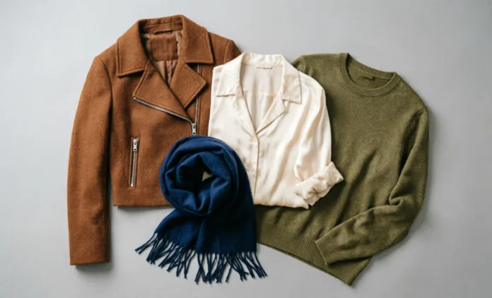 Colors that go with brown clothes displayed in a fashion flatlay with cream, navy, and olive tones.