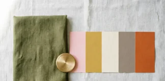Complementary colors for olive green shown with blush pink, mustard yellow, and cream swatches