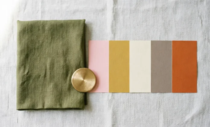 Complementary Colors for Olive Green Palette Complementary colors for olive green shown with blush pink, mustard yellow, and cream swatches