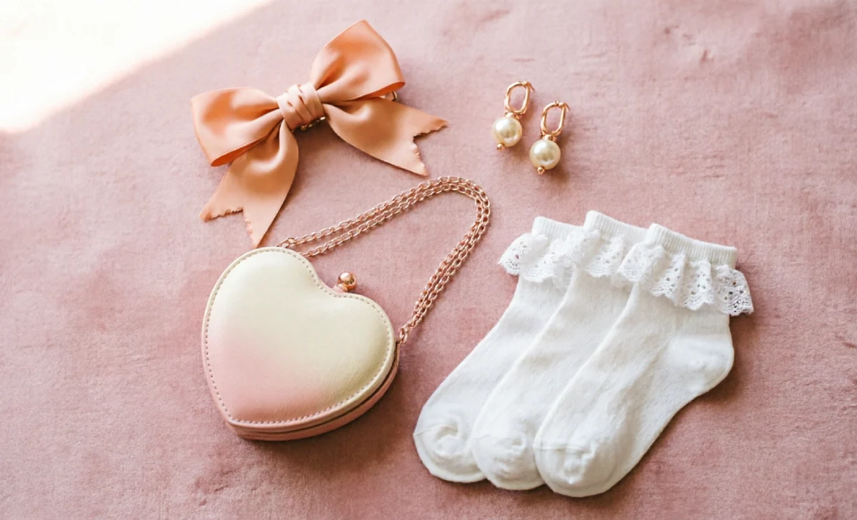coquette accessories including a bow hair clip, pearls, and a mini handbag