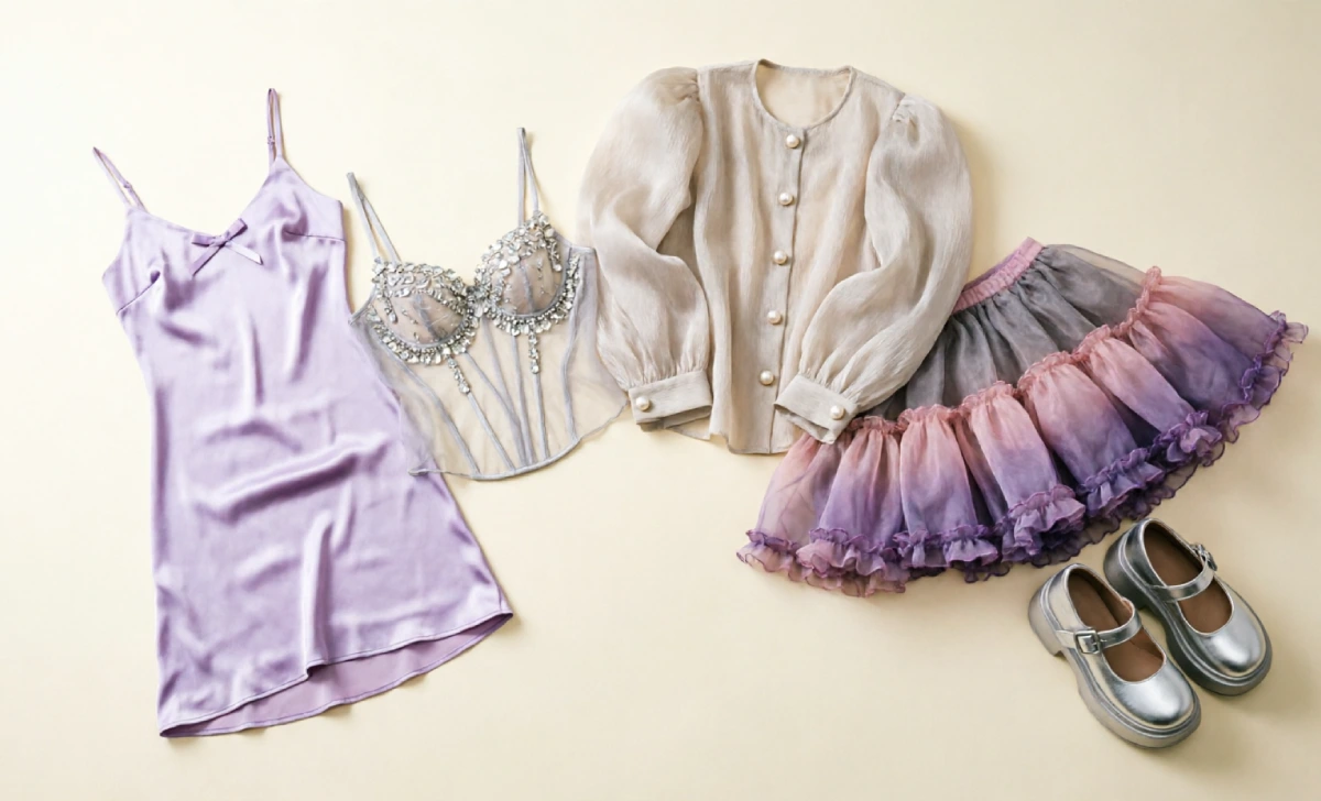 Coquette wardrobe essentials including a corset top, tulle skirt, and Mary Janes