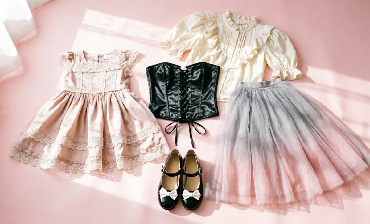 coquette wardrobe staples including a corset top, tulle skirt, and Mary Janes