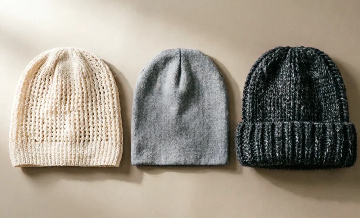 cotton beanie compared to wool and acrylic beanie fabric texture for warm weather