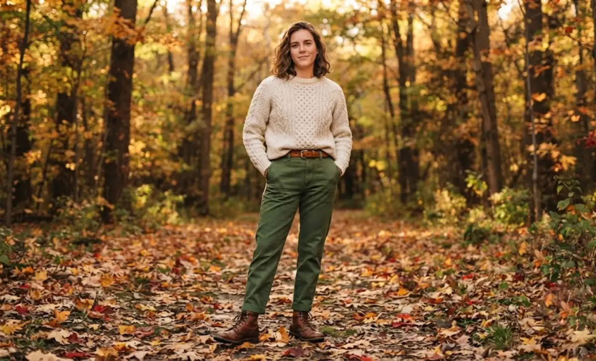 Cream sweater styled with forest green pants and brown leather boots