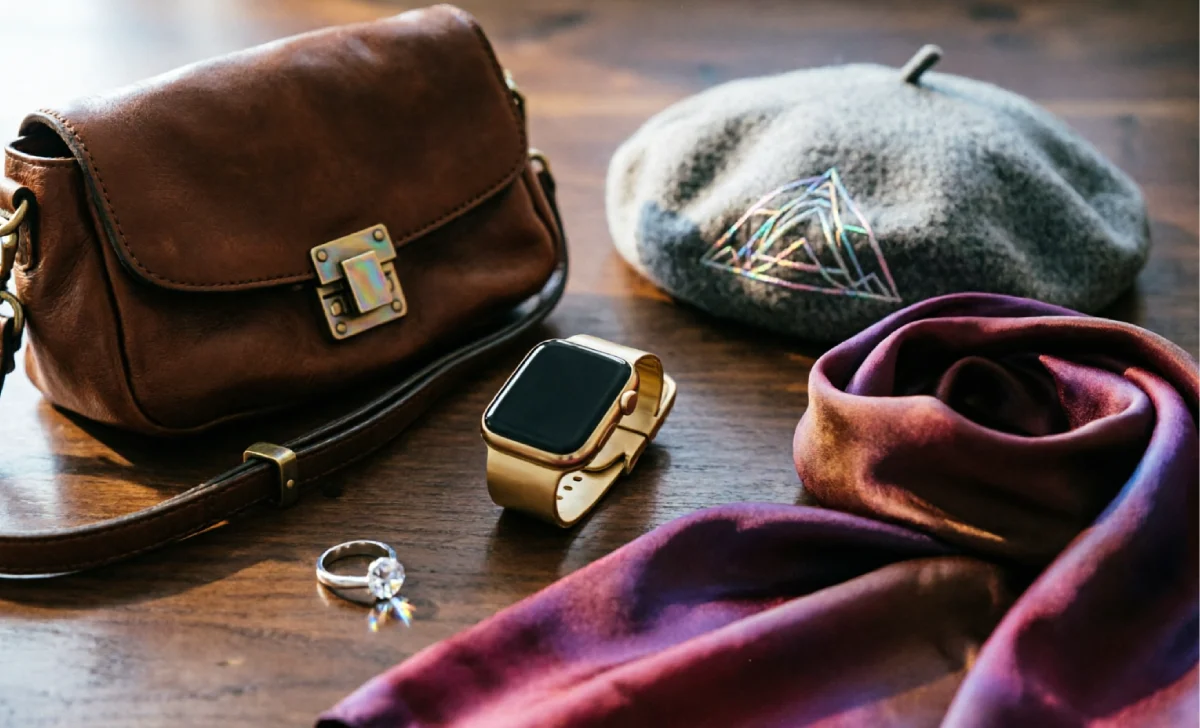 Dark academia accessories including leather satchel, wool beret, and vintage watch