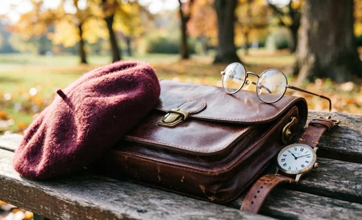 Dark academia accessories including leather satchel, wool beret, and vintage watch