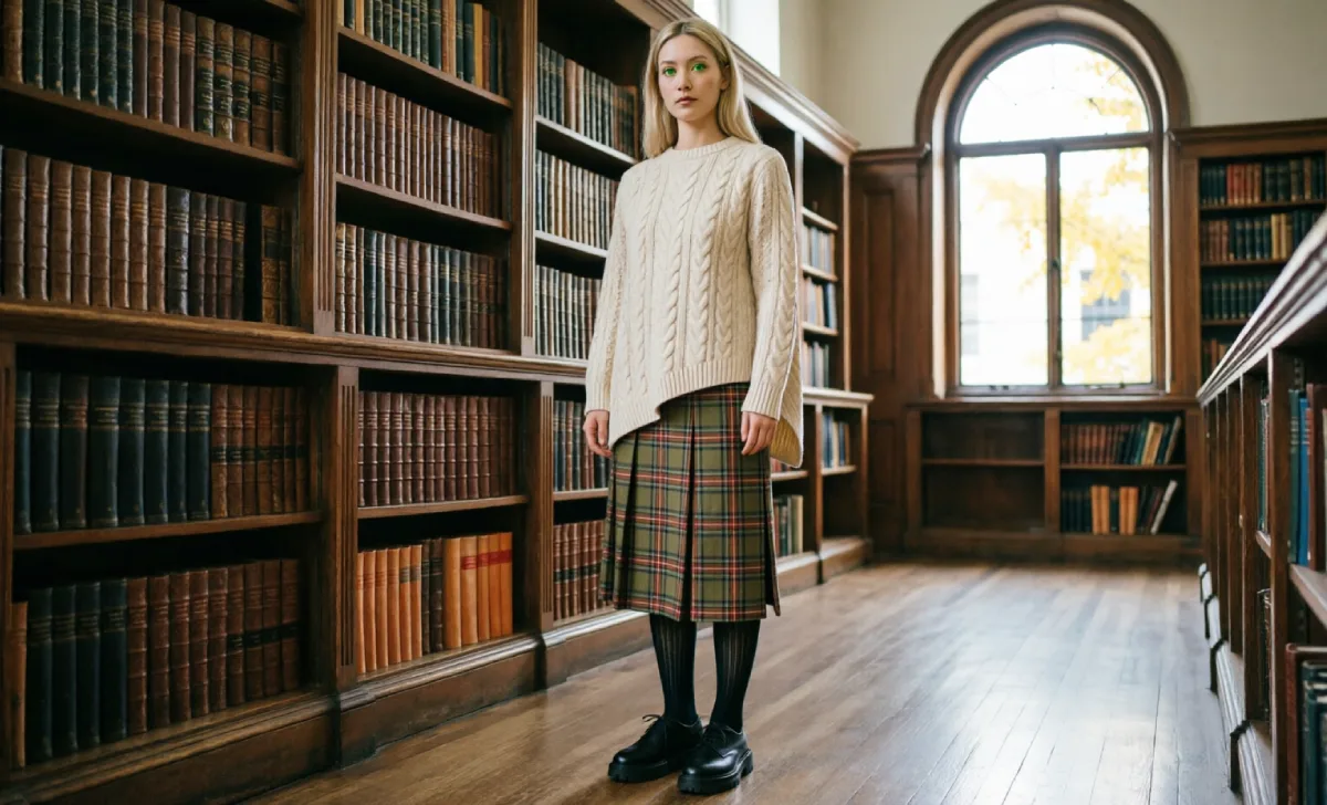 Dark academia outfit idea with cable knit sweater, plaid skirt, and Oxford shoes