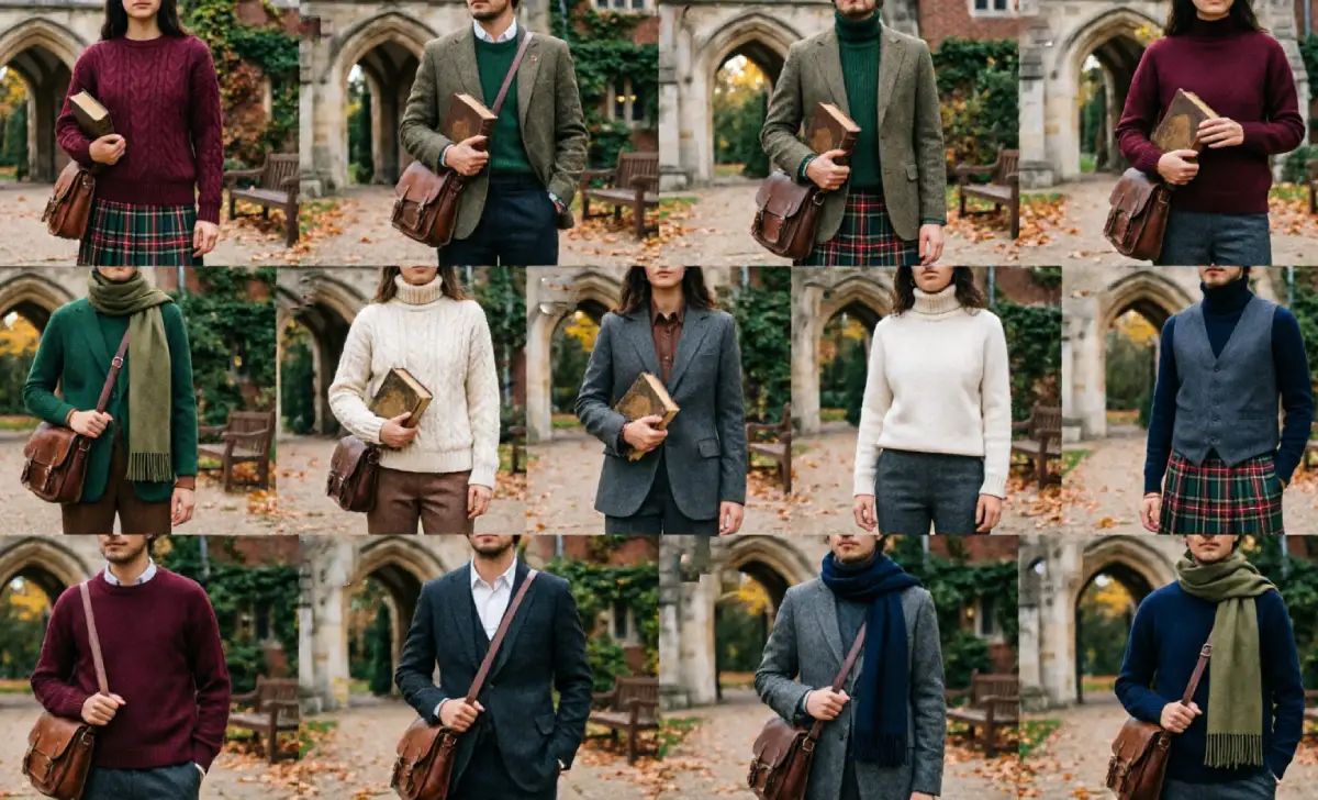 Dark academia outfit idea with cable knit sweater, plaid skirt, and Oxford shoes