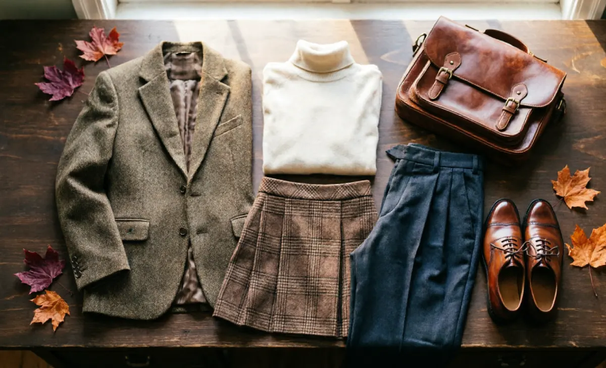 Dark academia wardrobe staples including tweed blazer, plaid skirt, and leather Oxford shoes