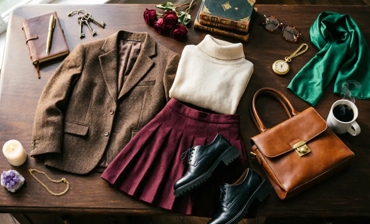 Dark academia wardrobe staples including tweed blazer, plaid skirt, and leather Oxford shoes