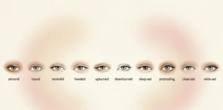 Chart of different eye shapes names — almond, hooded, monolid, round, upturned, and downturned eyes