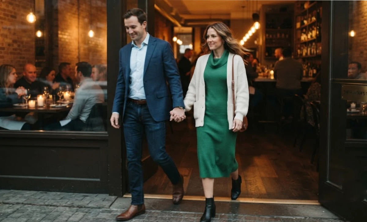 First Date Outfit Ideas for a dinner date featuring a blazer for men and a midi dress for women.