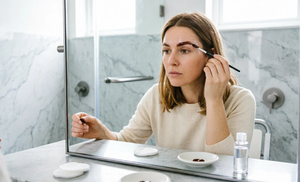 DIY eyebrow tinting application at home using a brush and petroleum jelly barrier