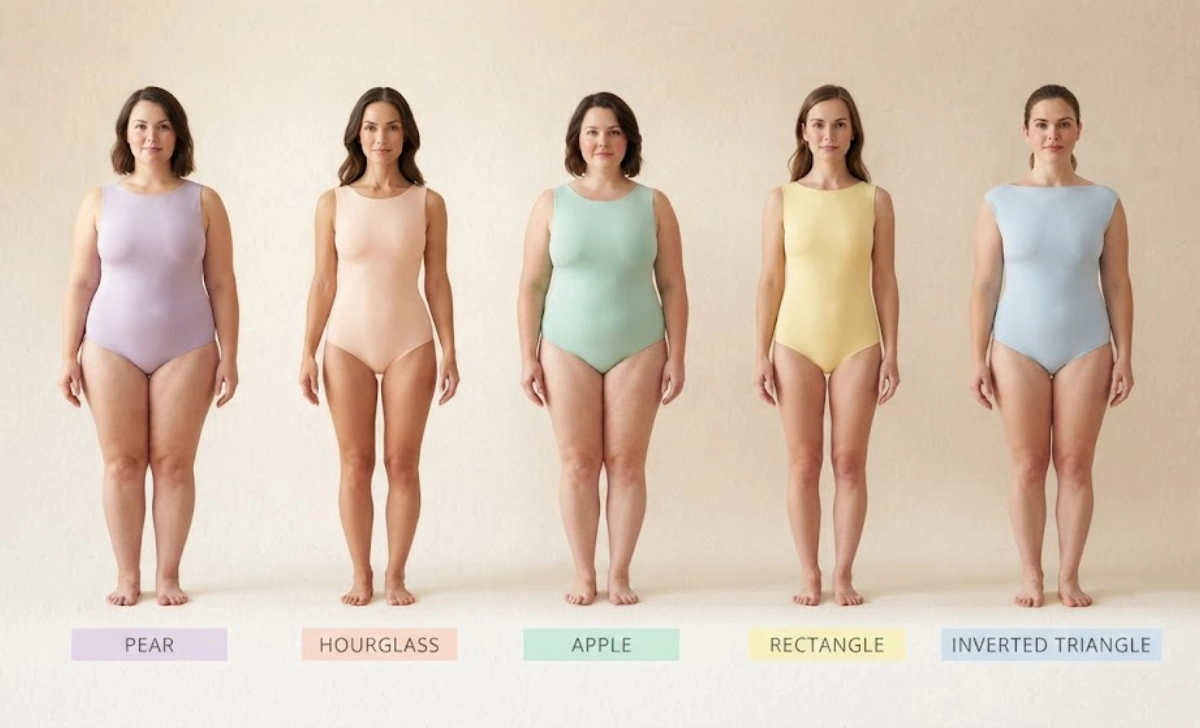 Body shape diagram for choosing types of dresses by pear, hourglass, and apple shape
