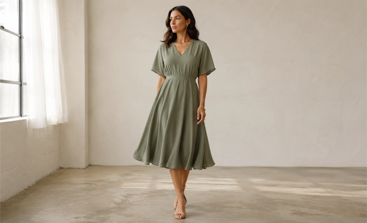Woman wearing an A-line dress showing how the silhouette hides tummy