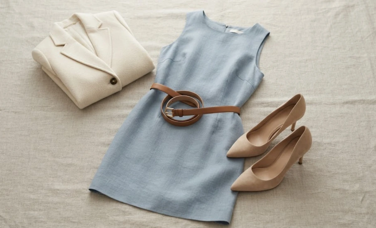 Styling tips flatlay showing belt, heels, and blazer to elevate types of dresses