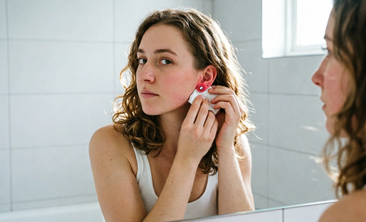 Cleaning a new ear piercing with saline solution during aftercare