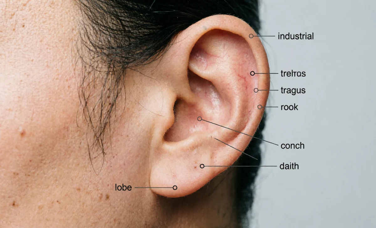 Ear diagram showing placement areas for different types of ear piercings