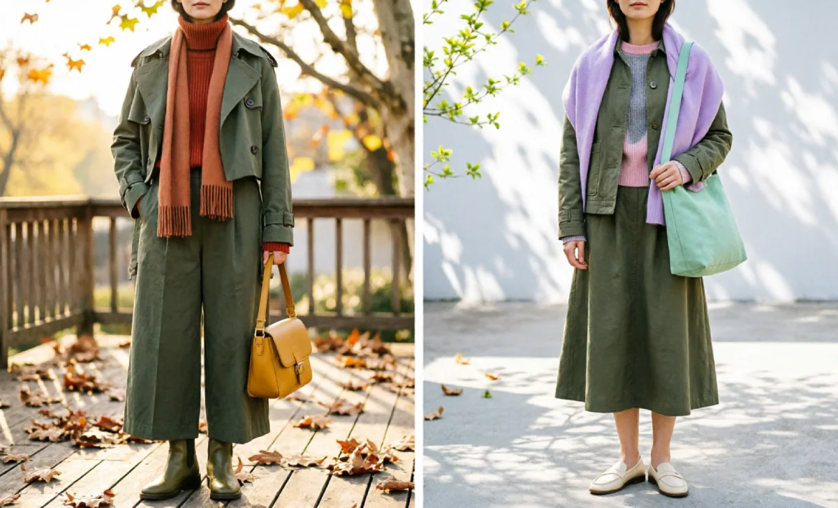 Khaki outfits paired with earth tones and pastel colors