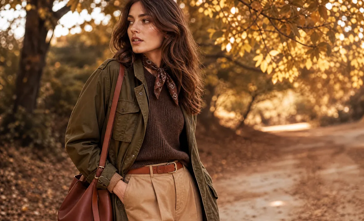 Olive green jacket paired with brown sweater as an earth tone outfit combination