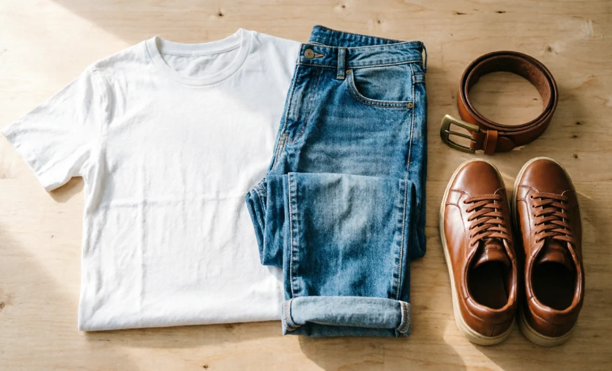 Easy 3 color rule outfit formula with white tee, blue jeans, and tan accessories