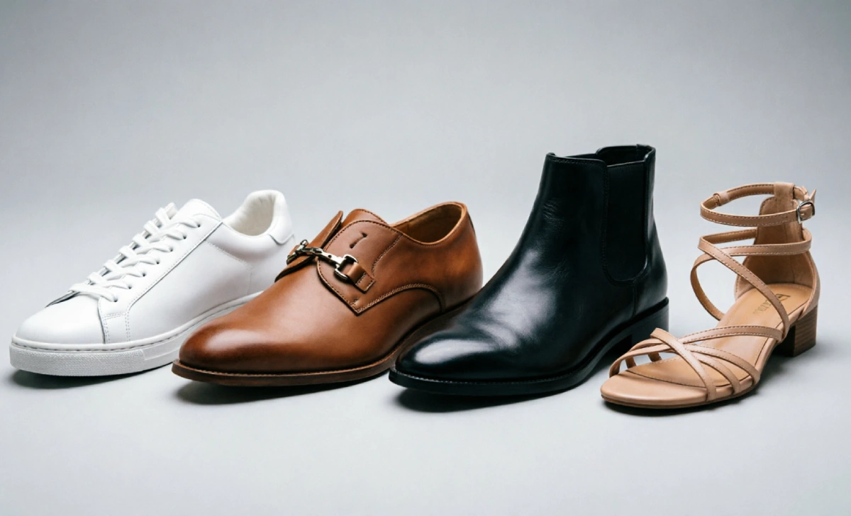 Essential shoe types for a wardrobe including sneakers, loafers, and boots