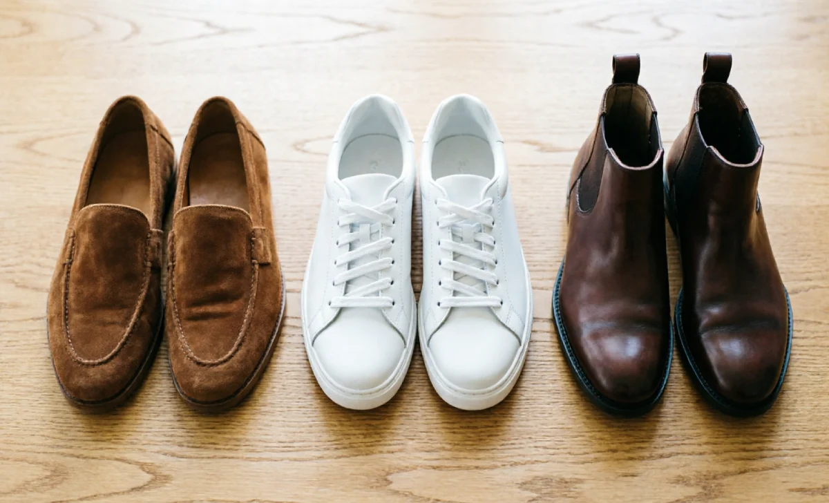 Loafers, white sneakers and Chelsea boots representing european mens fashion footwear choices