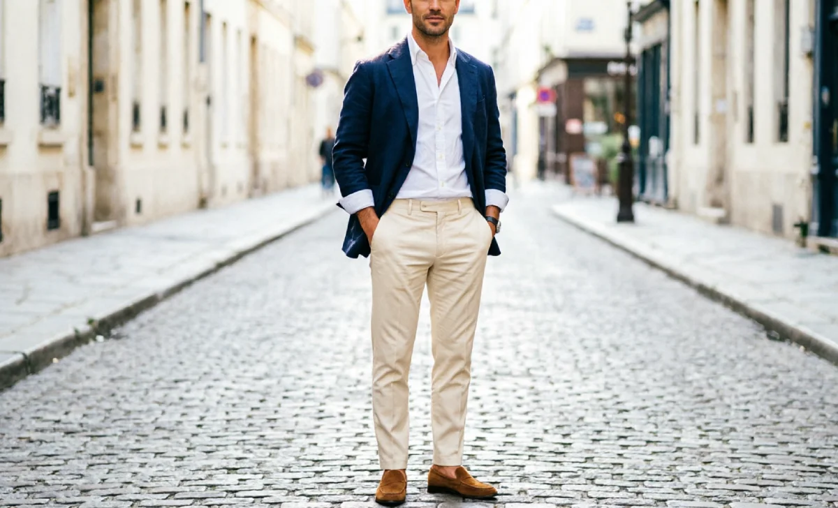 European mens fashion neutral outfit with clean silhouette