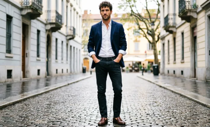 European Mens Fashion – Authentic Style Guide European mens fashion - man wearing navy blazer, dark jeans and leather loafers