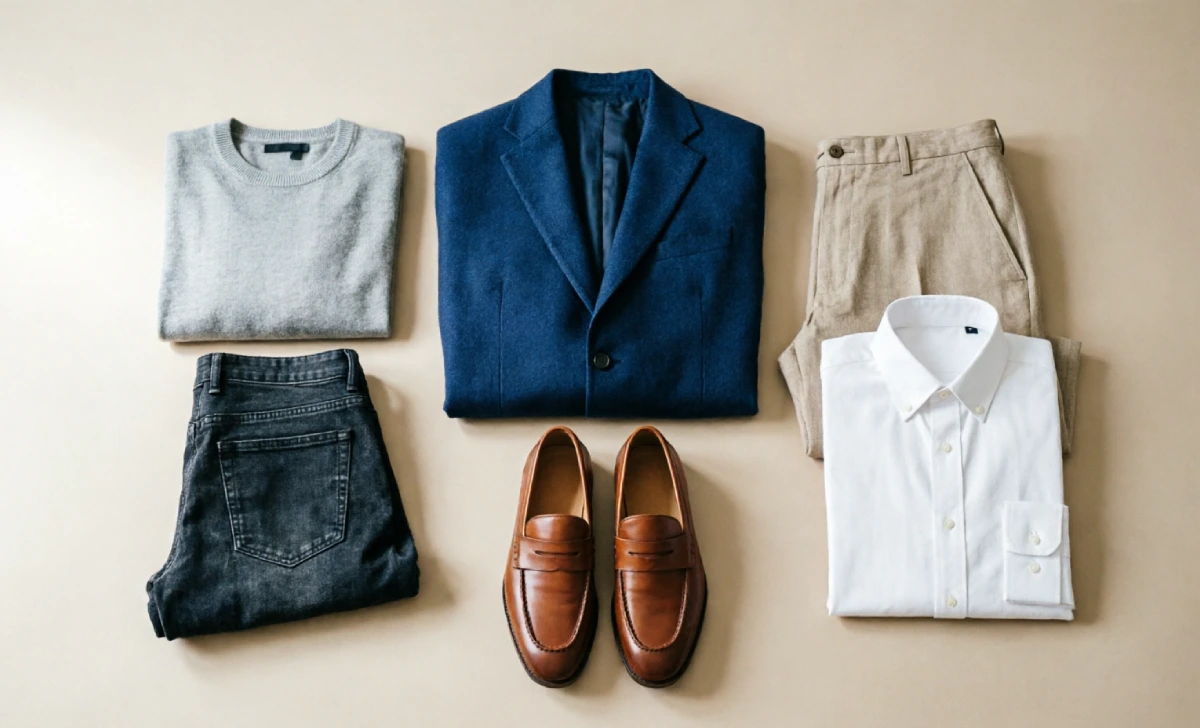 Flat lay of essential european mens fashion wardrobe items including blazer and loafers