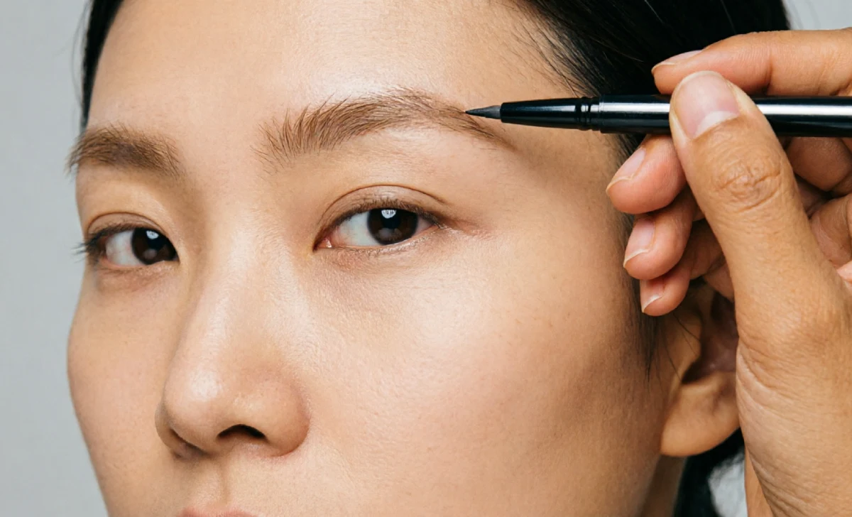 Eyebrow mapping technique using a pencil to find brow start, arch, and end points