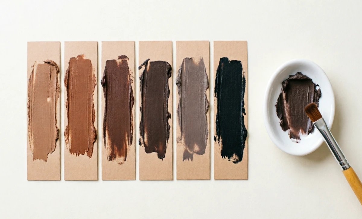 Eyebrow tint shade swatches from light brown to charcoal for choosing the right brow color