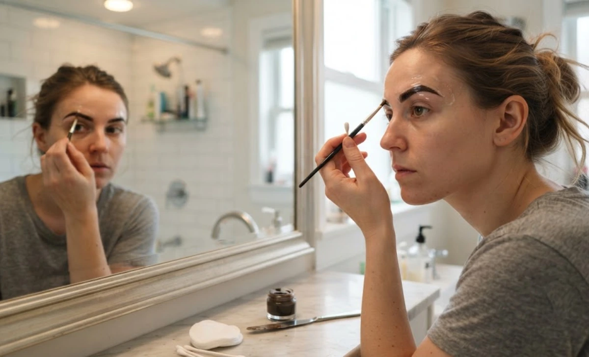 DIY Eyebrow Tinting application at home using a brush and petroleum jelly barrier