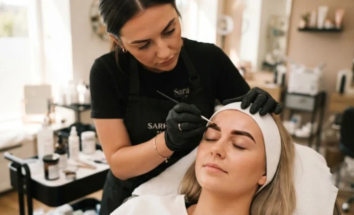Eyebrow Tinting Before and After Results Eyebrow Tinting application with brush coloring brow hairs for fuller, defined eyebrows during a salon beauty treatment.