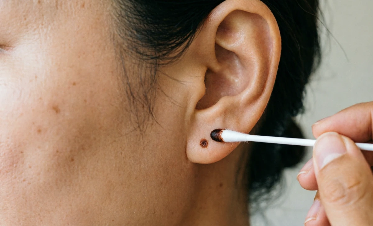 Patch test for eyebrow tinting applied behind the ear to check for skin reactions
