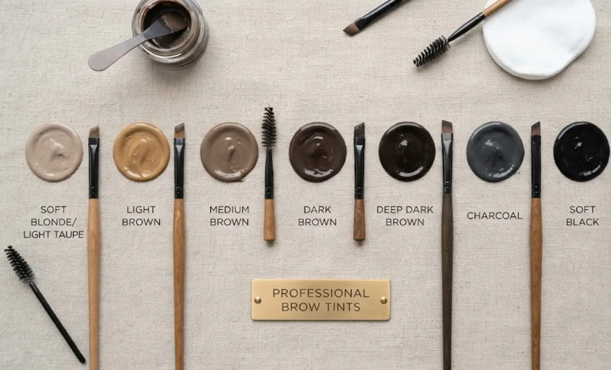 Eyebrow Tinting shade swatches from light brown to charcoal for choosing the right brow color