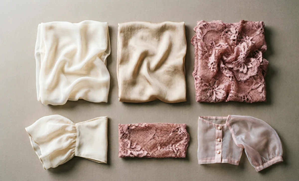 Chiffon, crepe, and lace fabric swatches with sleeve styles for plus size formal dresses