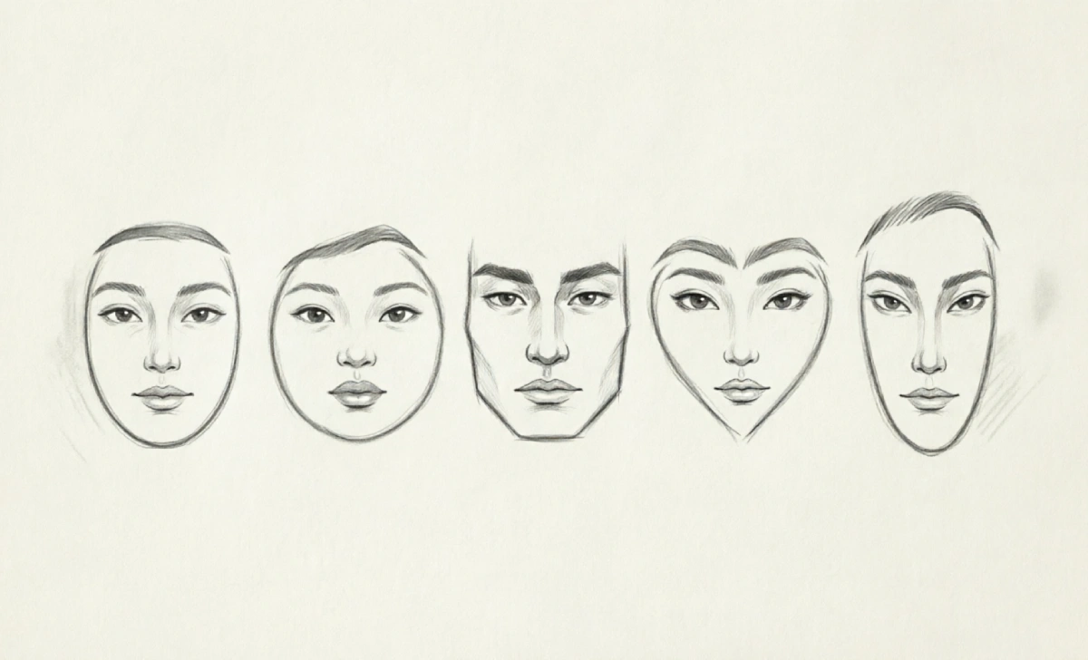 Face shape chart showing matching eyebrow shapes for oval, round, square, heart, and long faces