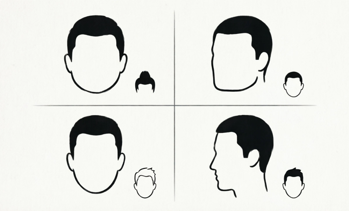 Face shape guide showing which military haircut suits round, square, oval, and oblong faces
