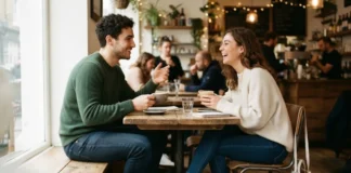 First Date Outfit Ideas showing a stylish man and woman dressed casually for a coffee shop date together.