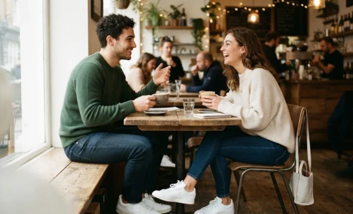 First Date Outfit Ideas for Men and Women Style Guide First Date Outfit Ideas showing a stylish man and woman dressed casually for a coffee shop date together.